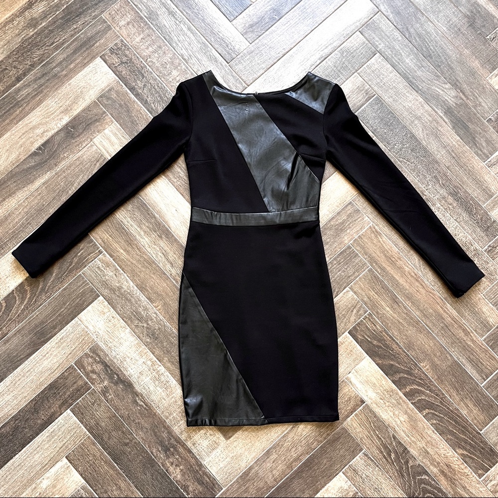 Edgy Black Faux Leather Striped Long Sleeve Mini Dress Size XS